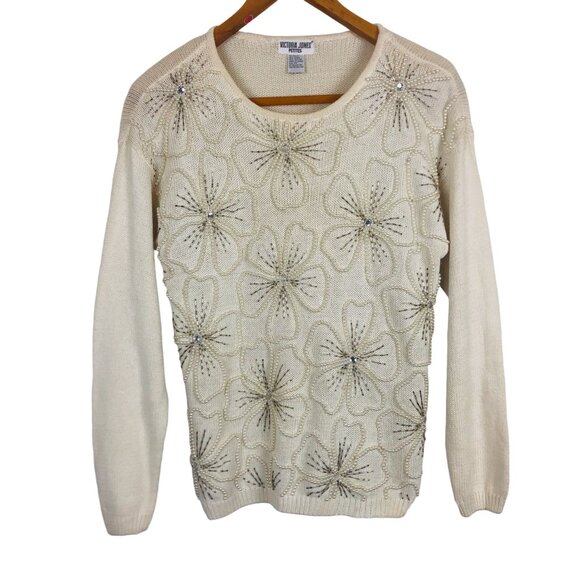 Vtg 80s Victoria Jones Knit Crewneck Sweater P Medium Floral Faux Pearl Beaded - Picture 1 of 8